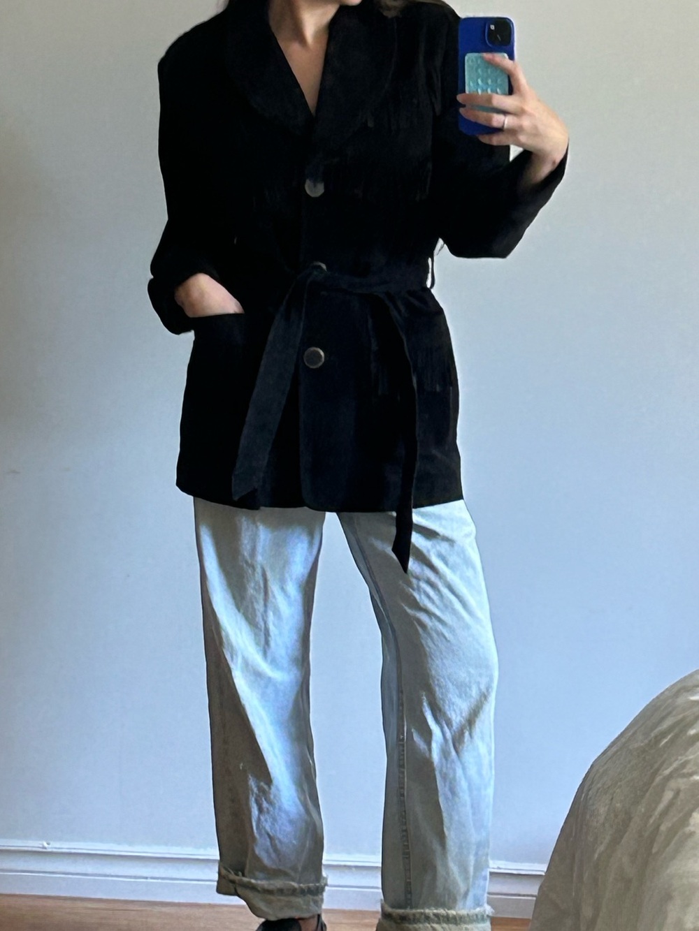 VINTAGE Danier Black Suede Fringe Belted Trench Coat - Picture 3 of 7